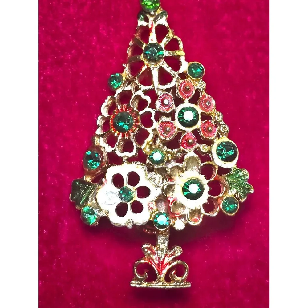 Vintage Rhinestone Christmas Tree Brooch Gold Tone Holiday Pin Enamel Gold Tone